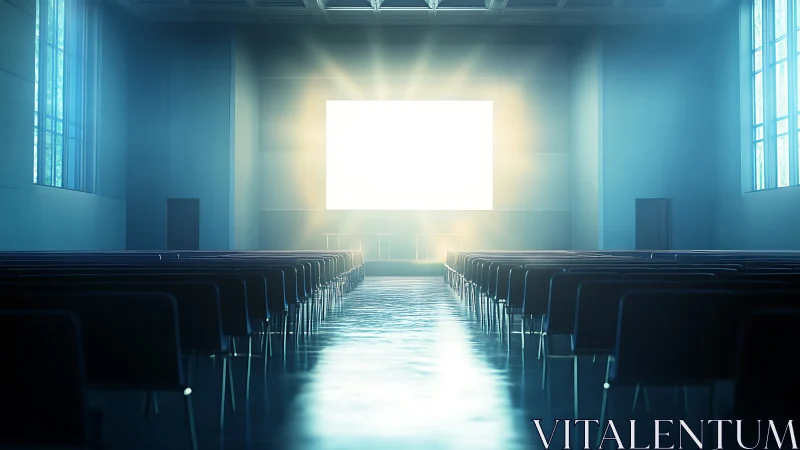 Empty conference hall with glowing projection screen center