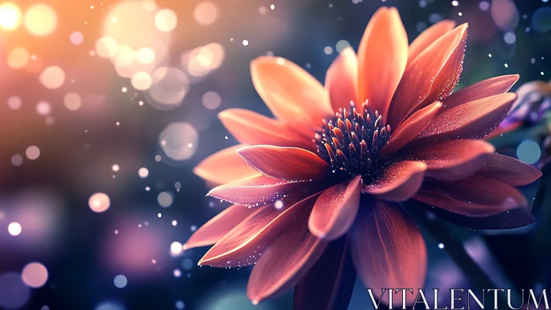 Backlit flower bloom with water droplets and bokeh light effects.