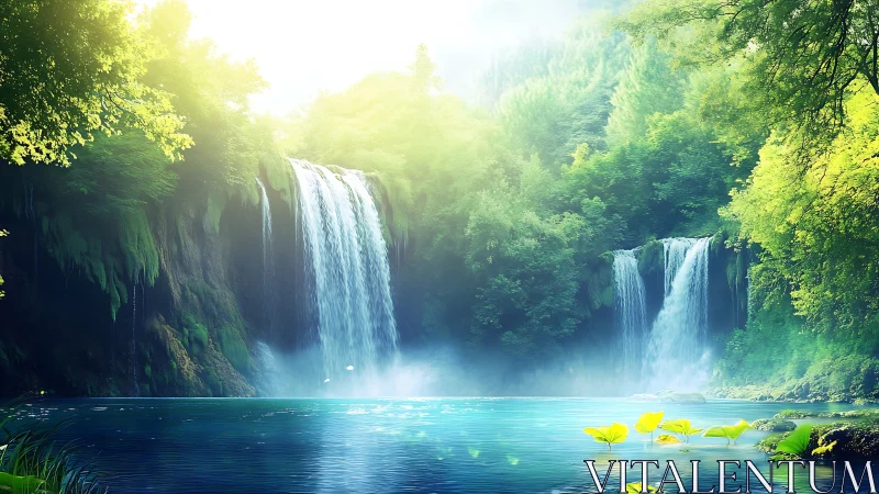 Luminous twin waterfalls cascading into turquoise forest pool.