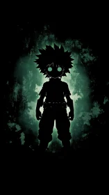 Dark green silhouette of spiky haired anime boy figure.