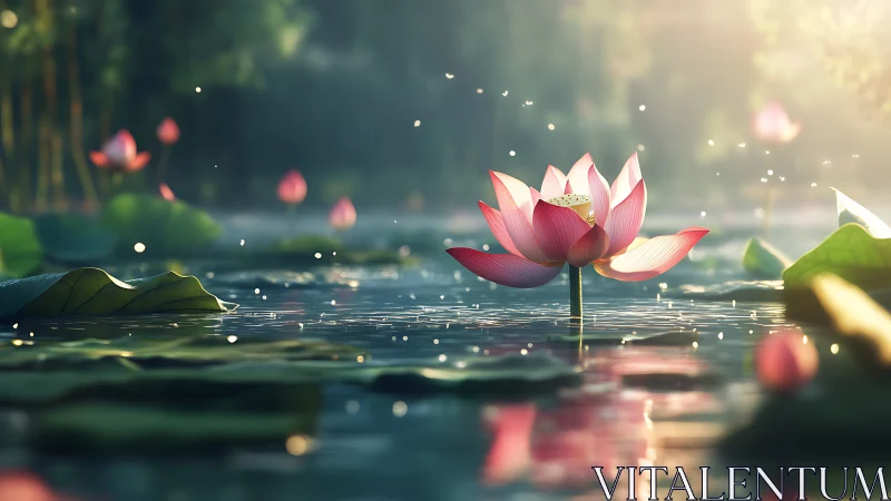 Lotus flower glows over misty pond in golden sunrise light.