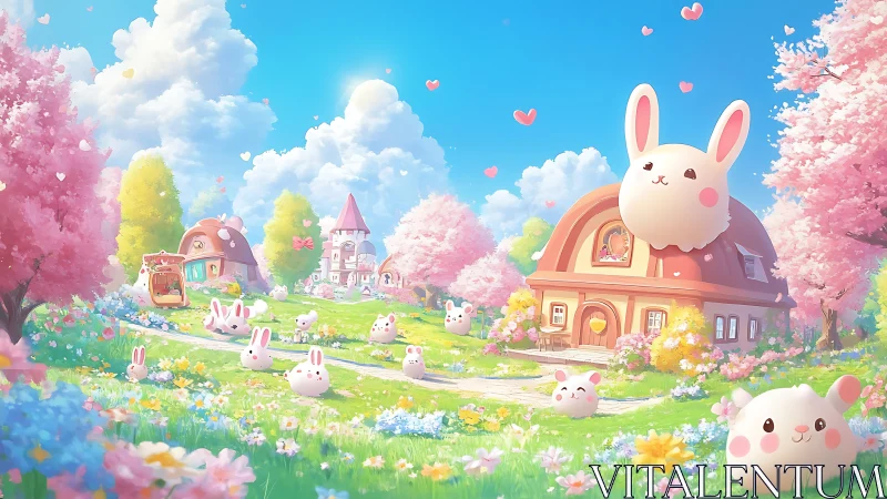 Pastel bunny village basks under dreamy spring skies