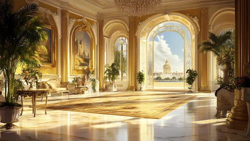 Sunlit neoclassical palace hall with high-gloss marble and ornate gold trim