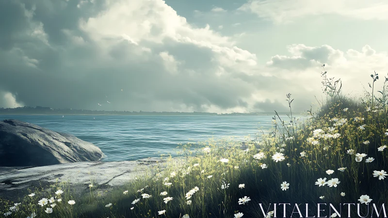 Quiet shoreline meadow under gathering coastal clouds.