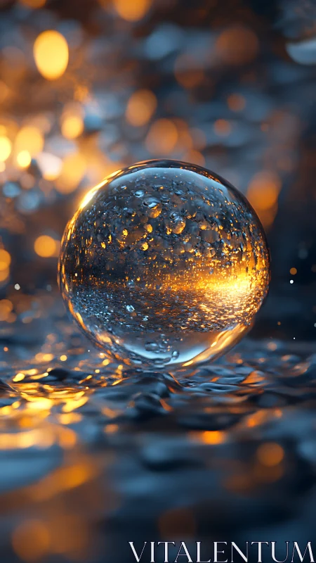 Glowing glass sphere rests softly on rippled liquid light