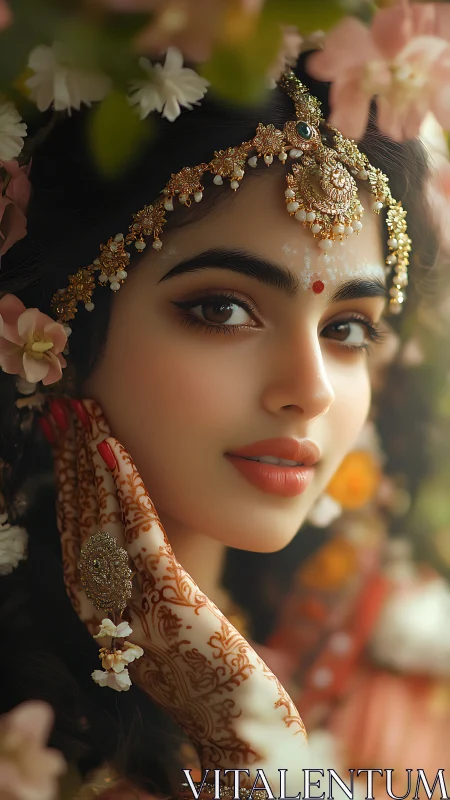 Bridal portrait with floral jewelry and intricate mehndi.