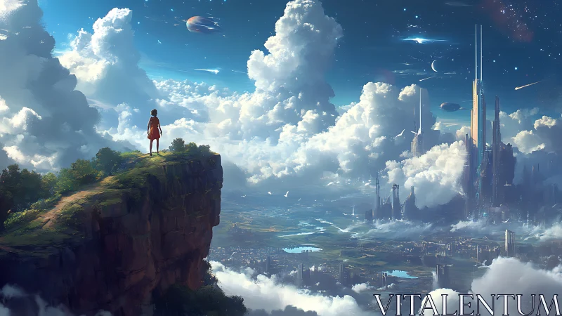 Solitary figure surveys distant futuristic city in clouds