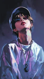 Digital painting portrait with neon rim lighting and streetwear focus.