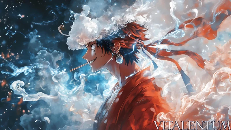Elemental samurai profile amid swirling vapor clouds and light.