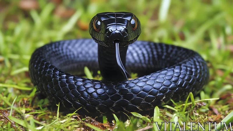 Coiled black snake holds defensive posture on wet grass