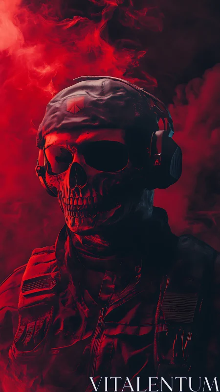 Skull-masked soldier stands in red smoke, glowing ominously.