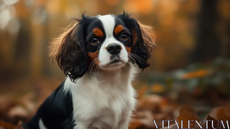 Photorealistic spaniel portrait in shallow-depth autumn bokeh.
