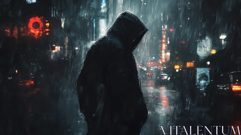 Hooded figure in backlit rainy cityscape with high contrast lighting