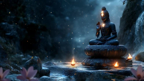 Nocturnal bronze deity beside waterfall with volumetric firelight.