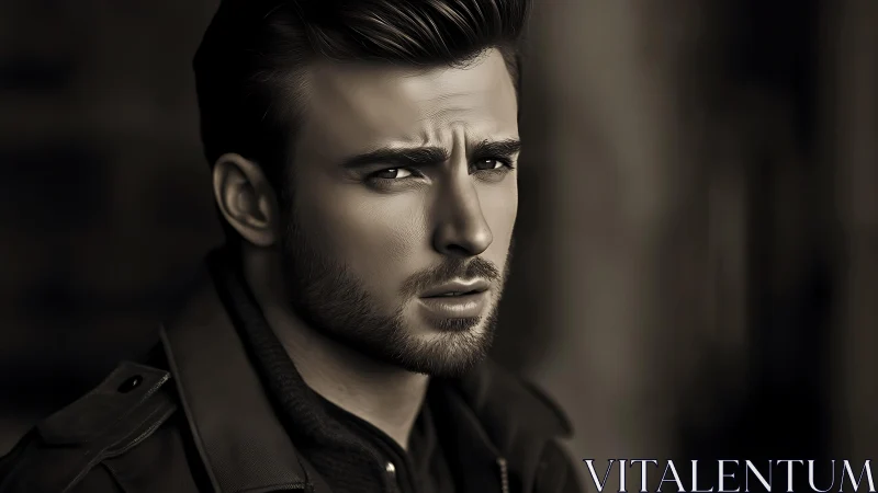 Moody sepia portrait of pensive bearded man outdoors.