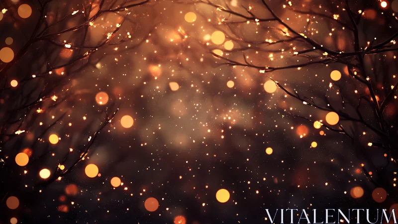 Glowing bokeh lights drift through dark winter branches