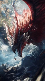 Crimson dragon dives through misty canyon in mid-attack.