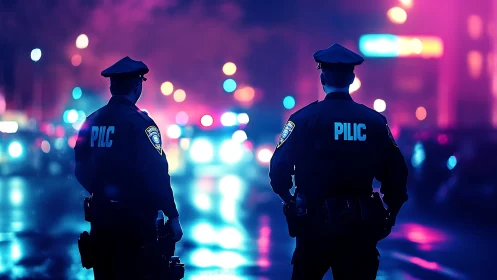 Police officers stand watch under neon city night lights