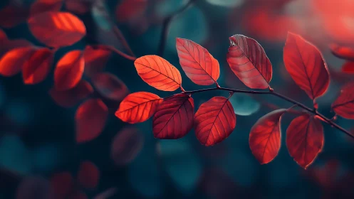 Backlit red foliage branch rendered with shallow depth of field