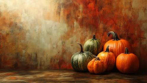 Assorted pumpkins arranged against textured painted wall.