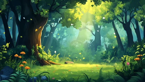 Enchanted Forest Glade Where Sunlight Dances Through Trees.