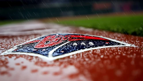 Baseball field logo surface captured in heavy rainfall