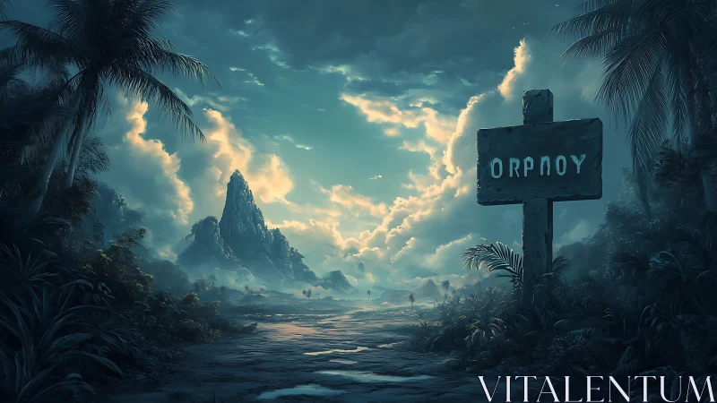 Orphoy Sign in Mystical Jungle Landscape with Mountain.