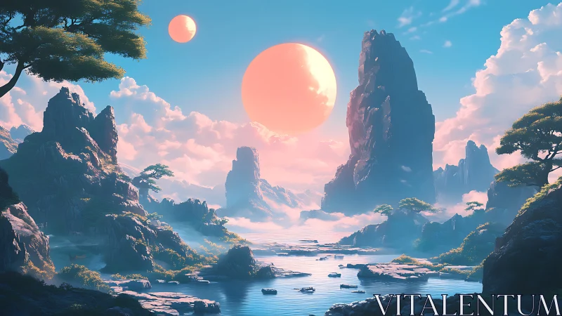 Twin suns over serene alien mountain seascape at dawn.