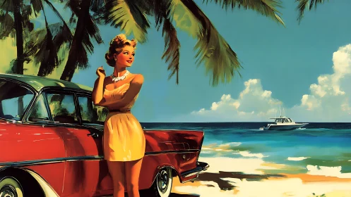 Sunlit retro beach moment sparkles with carefree summer charm