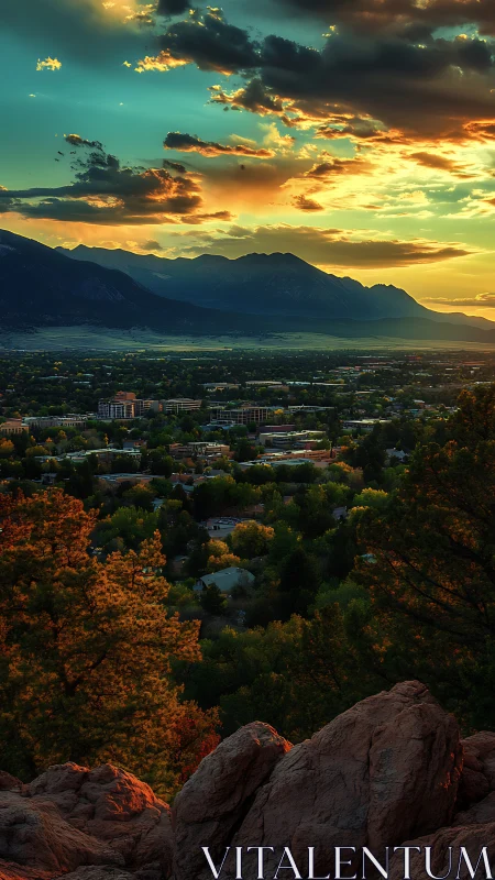 Sunset over valley town with mountains and glowing clouds.