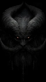 Horned dark entity portrait with glowing eyes on black.