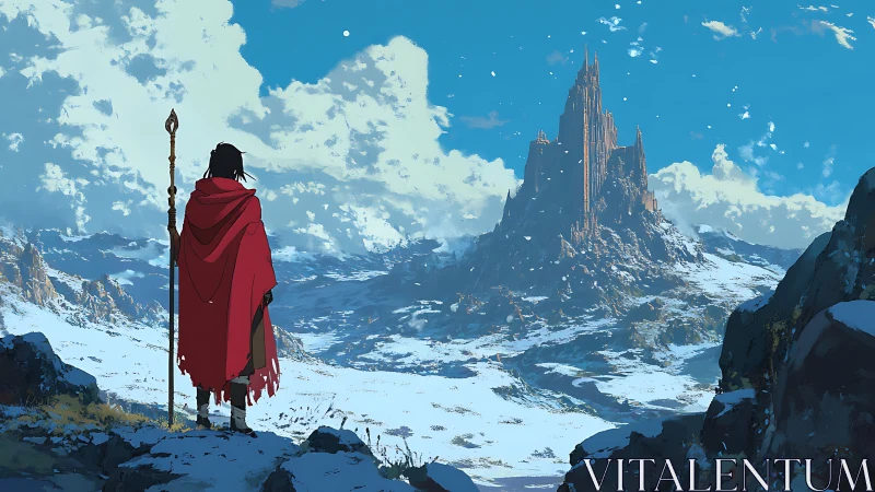 Solitary robed figure observing distant snowbound citadel.