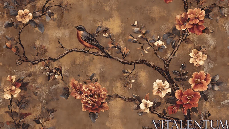 Vintage-style bird on flowering branch with warm earthy tones.