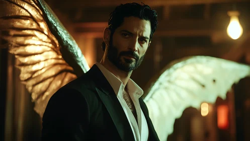 Man in formal suit stands indoors with large luminous wings