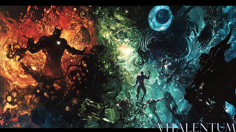 Cosmic humanoid confronting colossal fire and void entities