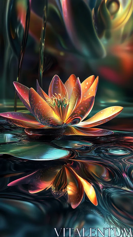 Specular-rendered lotus bloom reflects in liquid metal water surface