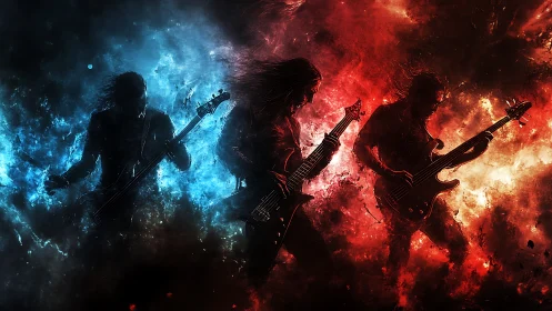 Rock musicians in blue and red abstract light contrast.