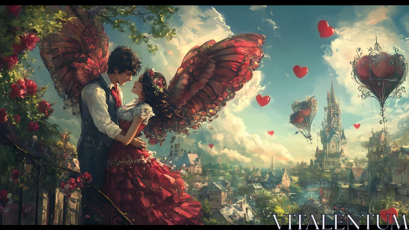Two figures with giant red wings embrace above fantasy castle cityscape