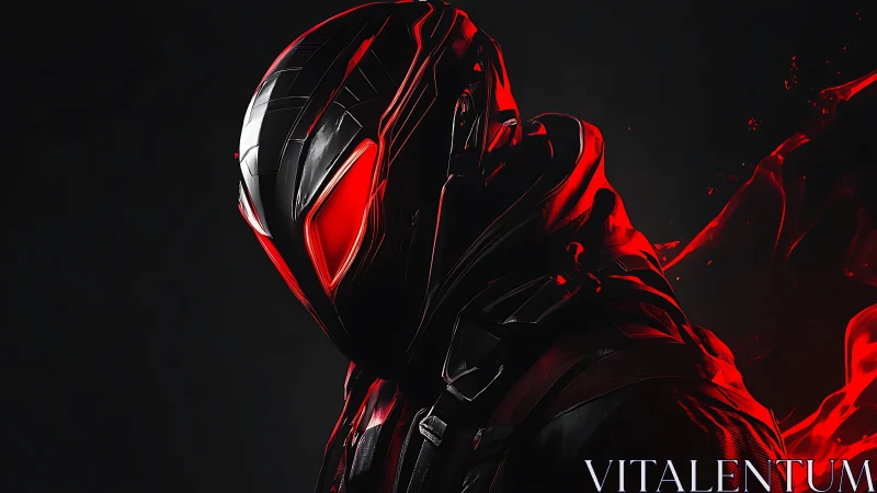 Cybernetic red-illuminated combat helmet in shadowed profile.