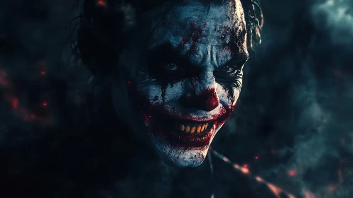 Cinematic low‑key portrait of blood‑smeared sinister clown.
