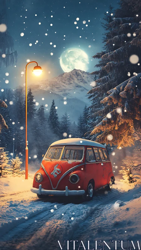 Retro van under moonlit snowfall with warm streetlamp contrast