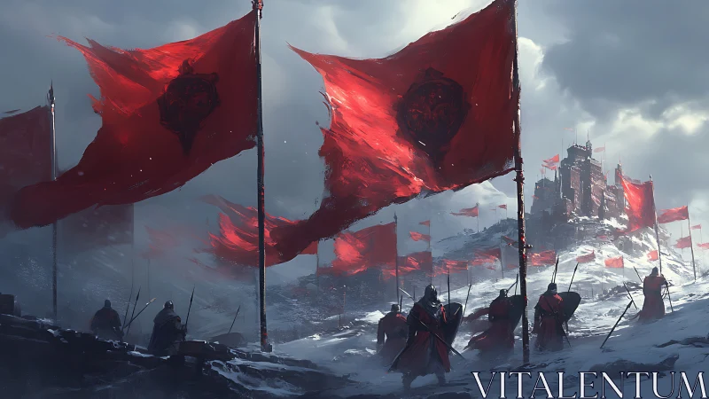 Armored soldiers advance through snowy battlefield of red war banners