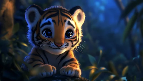 Digitally rendered tiger cub in stylized forest setting.