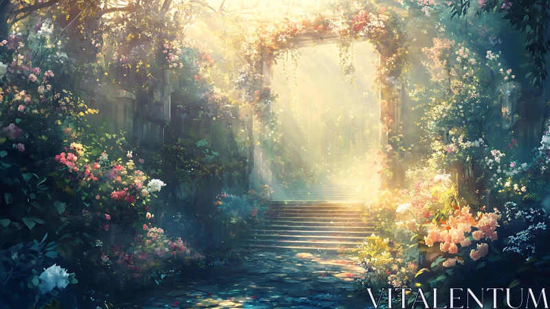 Sunlit stone staircase framed by dense flowering garden.