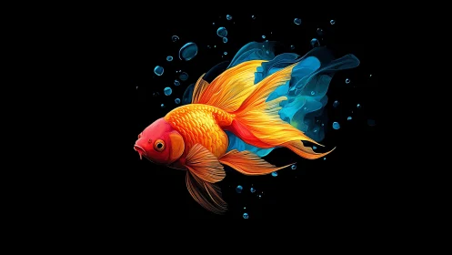 Luminous goldfish comet swirling through midnight water.