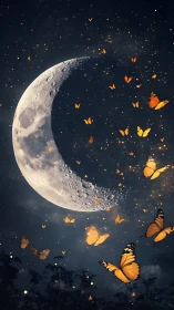 Golden butterflies drift around a glowing crescent moon at night