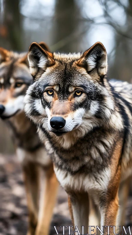 Canis lupus pair in shallow-depth woodland field study portrait.