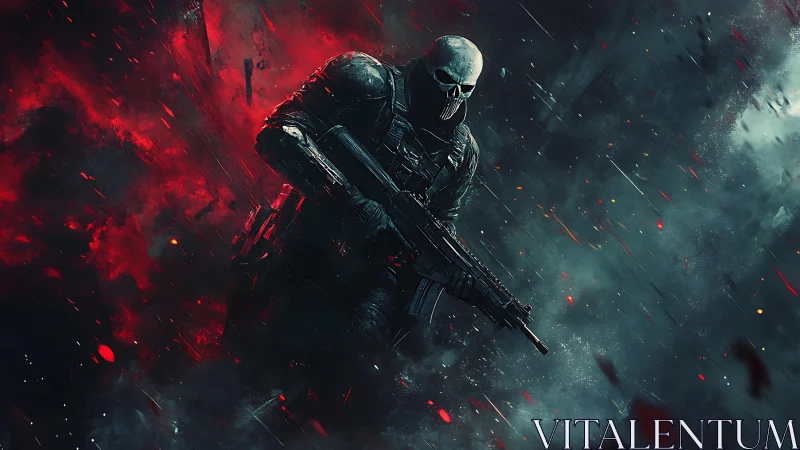 Skull-masked soldier advances through burning scarlet storm.