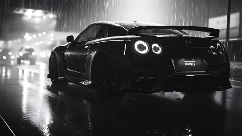 Rear view of sports car on wet city street at night.