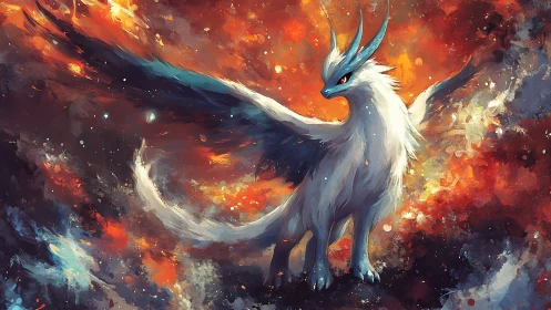 Majestic elemental phoenix-wolf rises through blazing cosmos